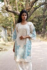 Dual-Tone Pearl Embellished Kurti | Sky Blue & Cream Festive Wear - Image 2