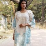 Dual-Tone Pearl Embellished Kurti | Sky Blue & Cream Festive Wear