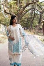 Dual-Tone Pearl Embellished Kurti | Sky Blue & Cream Festive Wear - Image 3