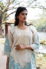 Dual-Tone Pearl Embellished Kurti | Sky Blue & Cream Festive Wear - Image 4