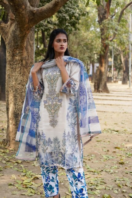 Arctic Blue & Cream Pearl-Embellished Kurti